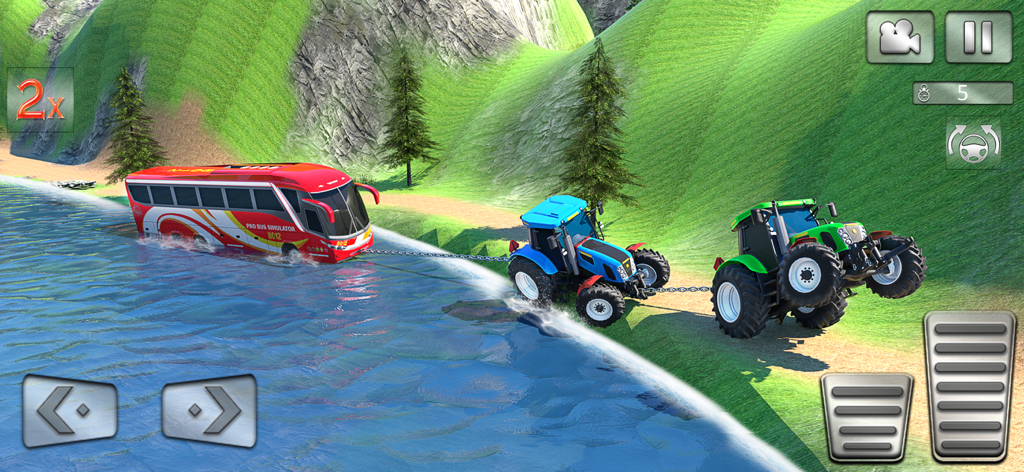 A blue tractor towing a red bus through a river in a 3D offroad game