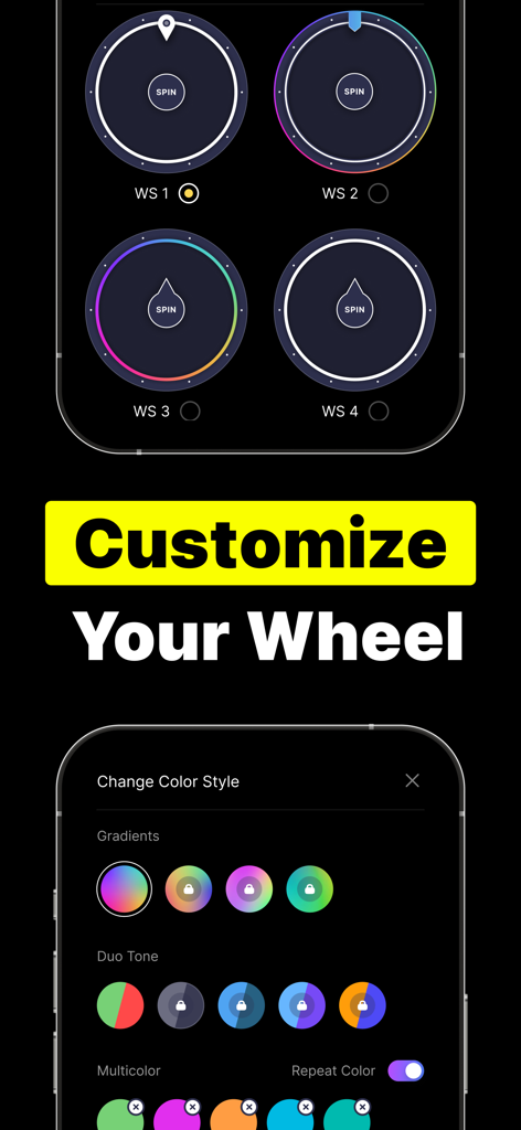 Wheel Spinner: Spin the Wheel - Interface of the Wheel Spinner app showing various wheel styles and color customization options including gradients and duo tones.