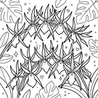 Introduce your little one to the beauty of Brassia Orchids with this specially designed coloring page. Its ultra-thick lines and large shapes make it perfect for developing early coloring skills and having endless fun.
