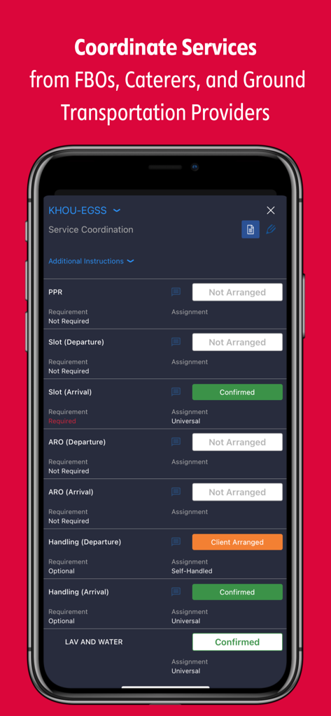 uvGO app screen showing mission service coordination and status updates for aviation ground services.