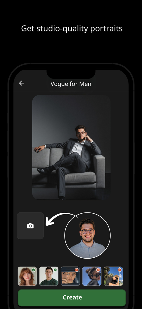 Kimo: AI Photo & Face Analyzer - Kimo app screen demonstrating a selfie transformation into a professional studio quality portrait