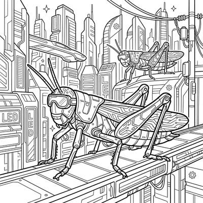 Explore a unique blend of nature and technology with our Cyberpunk Grasshoppers coloring page. This intricate design features robotic insects in a dazzling futuristic cityscape, offering an exciting challenge for colorists.