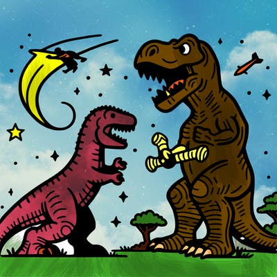 dinosaur fighting a giant