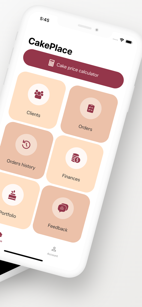 CakePlace - CakePlace app home screen showing buttons for cake price calculator, clients, orders, and finances.