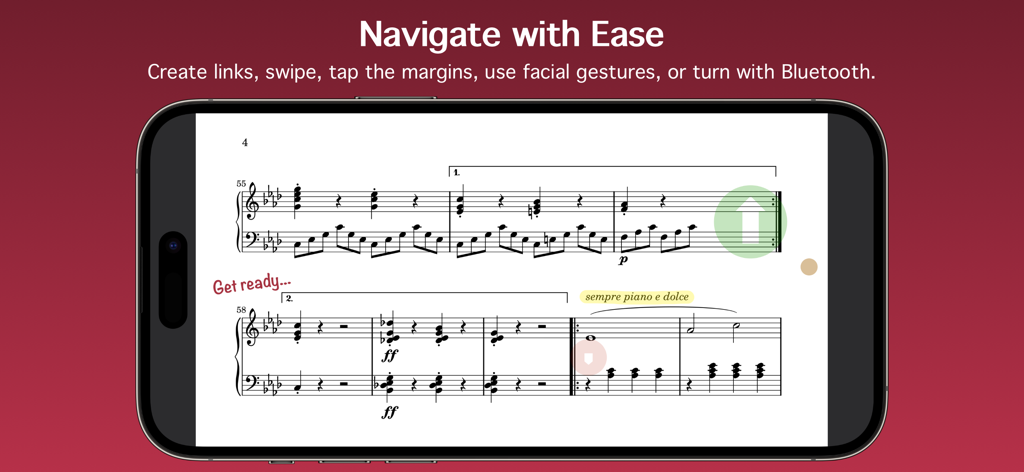 The Paperless Music app displaying digital sheet music with navigation links and annotations on a smartphone