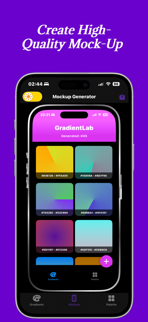 iPhone-Mockup, das Farbverläufe und Hex-Codes in der Gradient Lab App zeigt