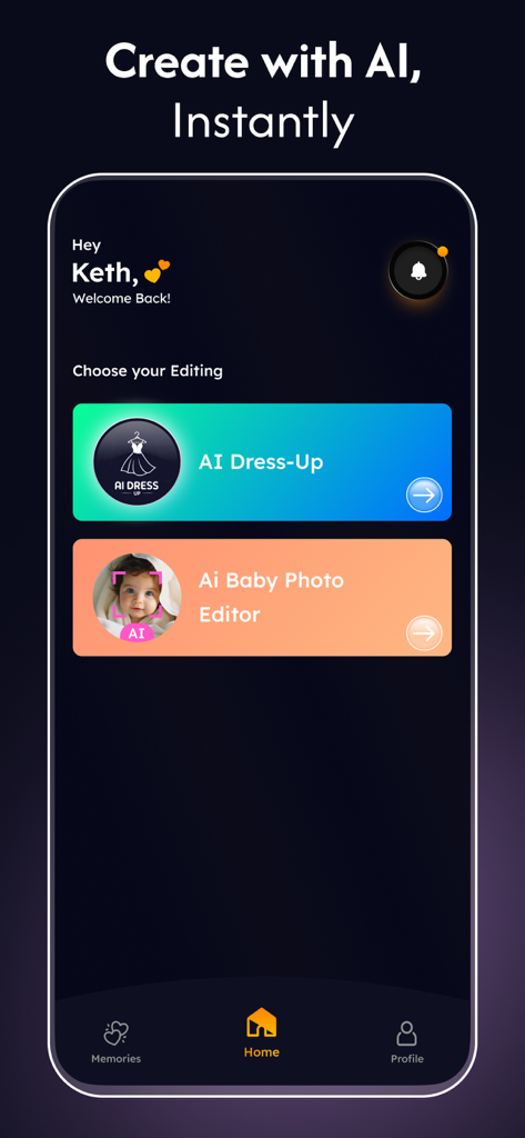 AI Photo Editor : PhotoFactory - Pantalla de inicio de AI Photo Factory mostrando las funciones de cambio de ropa IA y editor de fotos de bebés IA.