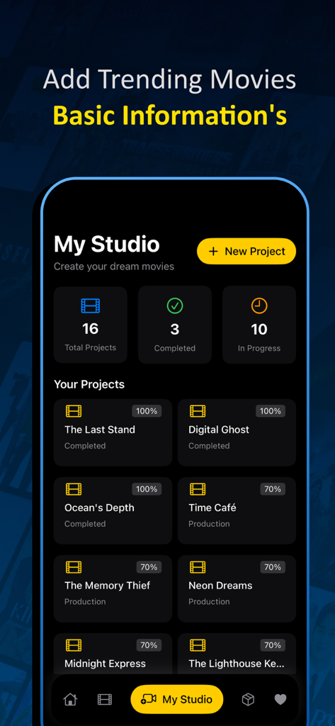 Absolute - Movies & TVShow Box - Interfaz de la función Mi Estudio que muestra un panel de proyectos cinematográficos con sus porcentajes de finalización y estado.