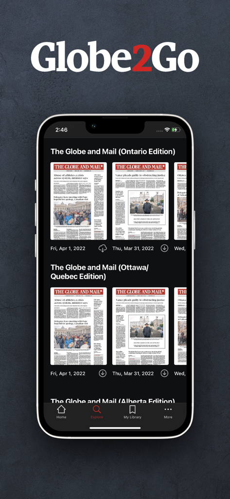Globe2Go Print Replica Edition - A smartphone displaying digital print replicas of The Globe and Mail regional editions in the Globe2Go app.