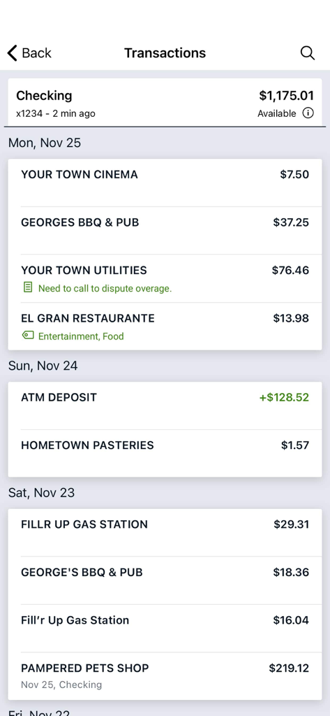 IDB Direct - Interface do aplicativo IDB Direct mostrando o histórico de transações da conta corrente com nomes de comerciantes e valores em dólares.