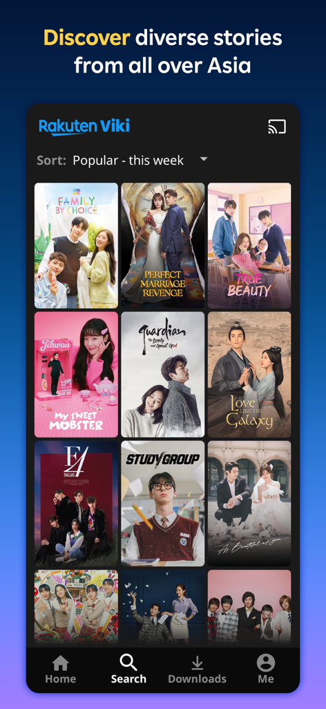 A grid of popular Asian dramas on the Rakuten Viki app interface showing titles like True Beauty and Guardian