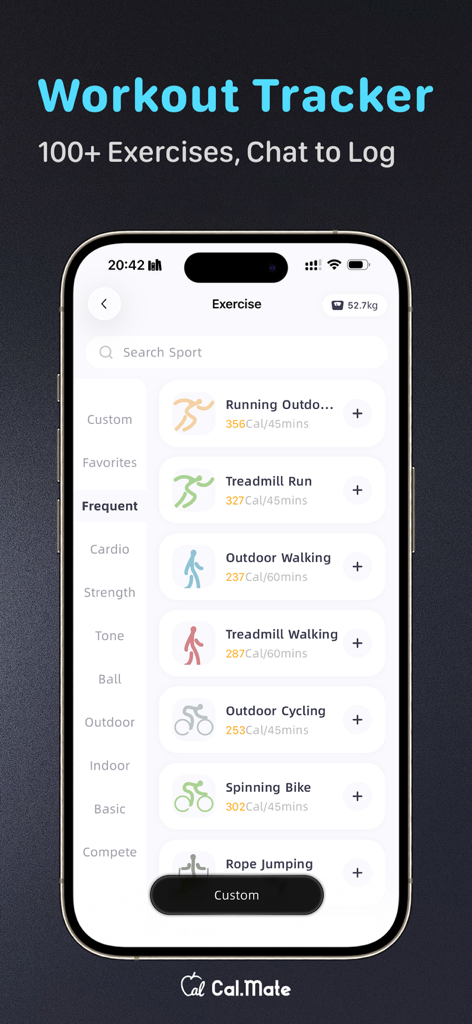 Calorie Tracker-CalorieMate - Screenshot of the CalorieMate app workout tracker showing a list of exercises like running and walking with estimated calorie burn per session.