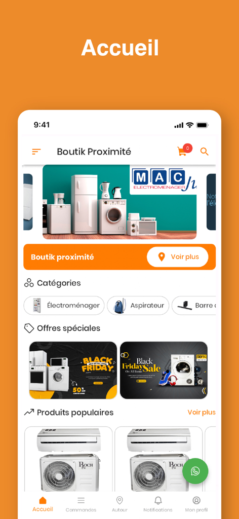 Boutik proximité - Tela inicial do aplicativo Boutik proximite mostrando categorias de eletrodomésticos e ofertas especiais