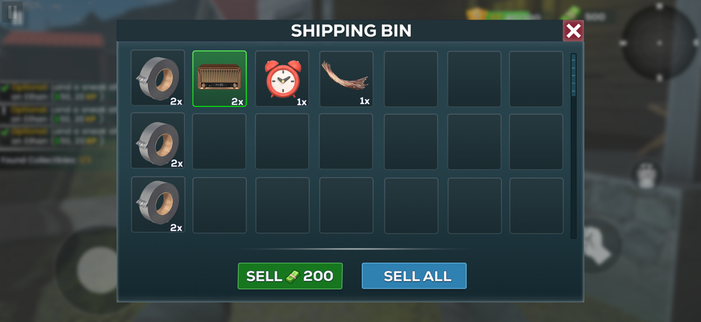 Loot inventory screen in Robbery Crime Simulator showing stolen items like a radio and alarm clock in the shipping bin