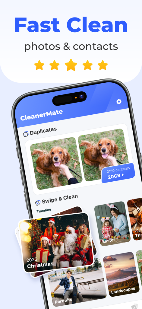 CleanerMate-Storage Ai cleaner - CleanerMate mobile app screen showing duplicate photo cleanup and AI photo categorization