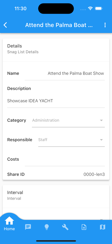 IDEA YACHT - A screenshot of the IDEA YACHT app showing administrative task details for attending the Palma Boat Show.