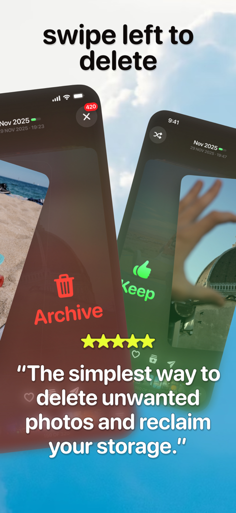 Picnic app showing the swipe interface to delete or keep photos and a user testimonial