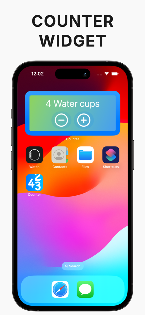 Tally Counter - Clicker - iPhone home screen displaying a tally counter widget for tracking water cups intake.