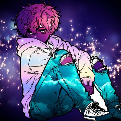 a male hoddie ripped jeans messy hair anime