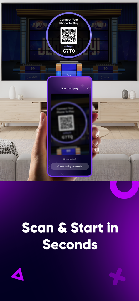A person scanning a QR code on a TV screen with a smartphone to start playing Jeopardy