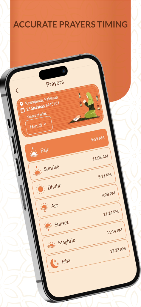 Al Quran MP3 القرآن الكريم - Mobile application interface displaying accurate daily Islamic prayer times from Fajr to Isha