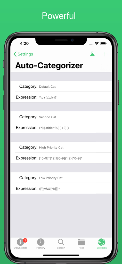 NZBClient for NZBGet - Auto-categorizer settings screen in NZBClient showing custom rules for organizing downloads