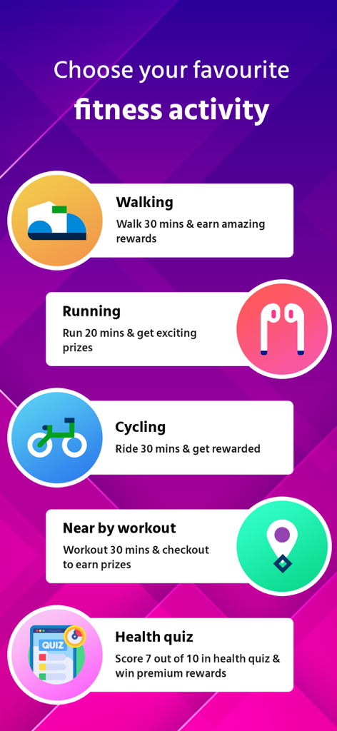 Growfitter - Growfitter app screen showing different fitness activities to earn rewards including walking running and cycling