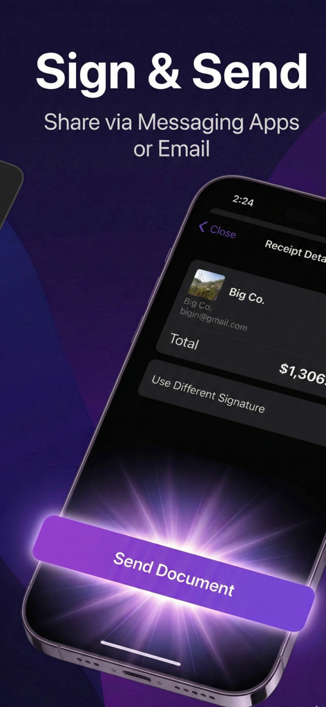Pantalla de iPhone que muestra la función de firmar y enviar facturas y recibos profesionales.