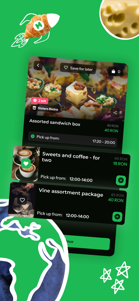 Bonapp: Save tasty food! - Bonapp app screen displaying discounted sandwich boxes and coffee packages to prevent food waste