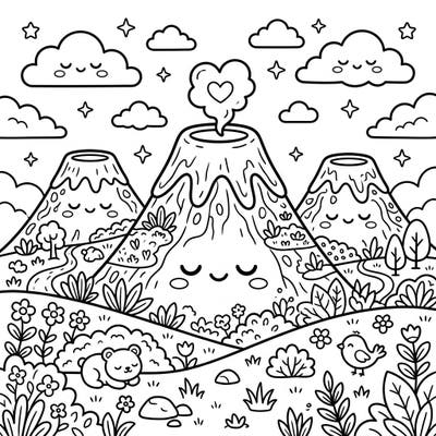 Discover the charm of sleeping giants with this delightful Kawaii Dormant Volcanoes coloring page. Featuring adorable, rounded volcanoes, sleepy clouds, and a serene landscape, it's perfect for a peaceful coloring adventure.