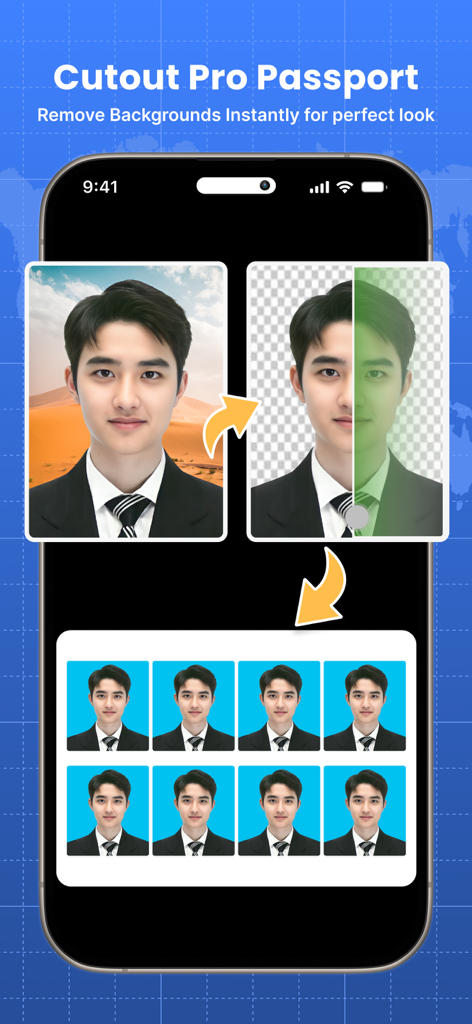 Cutout Pro Passport app showing AI background removal for professional ID photos.