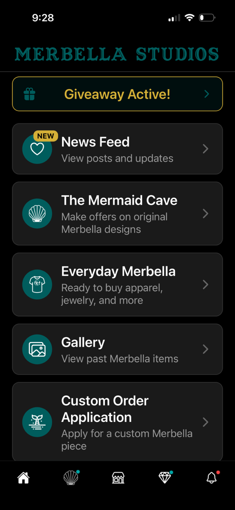 Main menu of the Merbella App showing options for News Feed, Mermaid Cave, and custom order applications