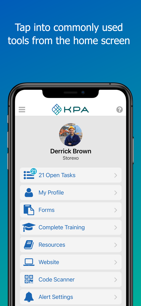 KPA Flex safety management app home screen showing a user profile and menu with tasks forms and training