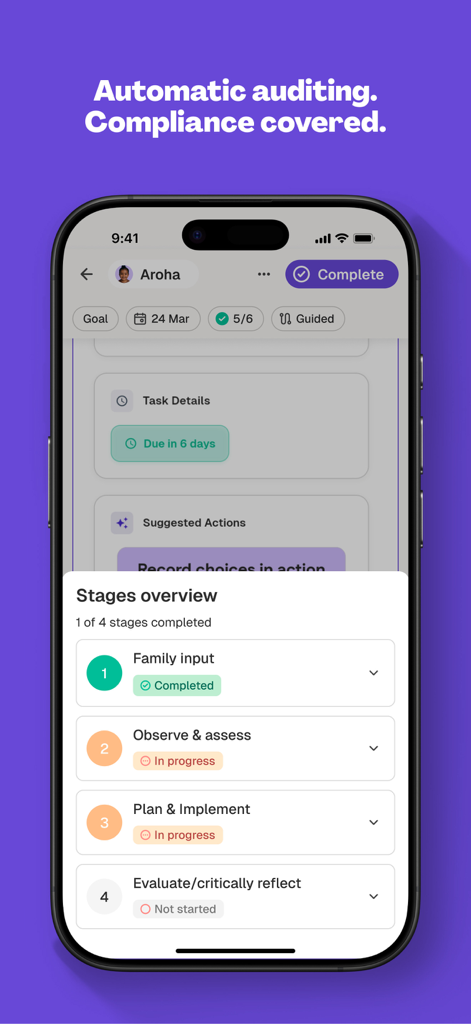 Mana (formerly LoveHeart AI) - 자동 감사 및 아동 발달 단계 개요를 보여주는 Mana 앱 인터페이스