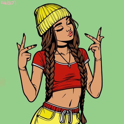 realistic teenage girl with braids and a beanie and crop top doing 🫶🏼