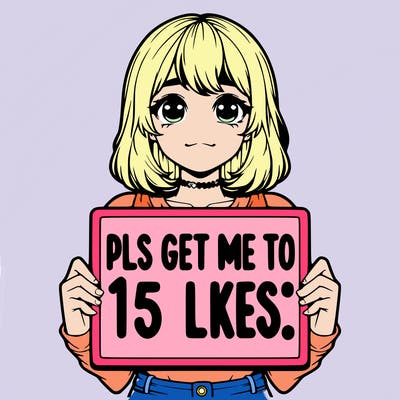 realistic girl holding up a sign that says “pls get me to 15 likes!”