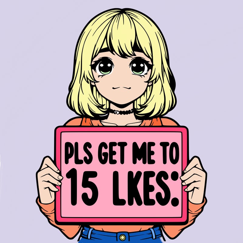 realistic girl holding up a sign that says “pls get me to 15 likes!”