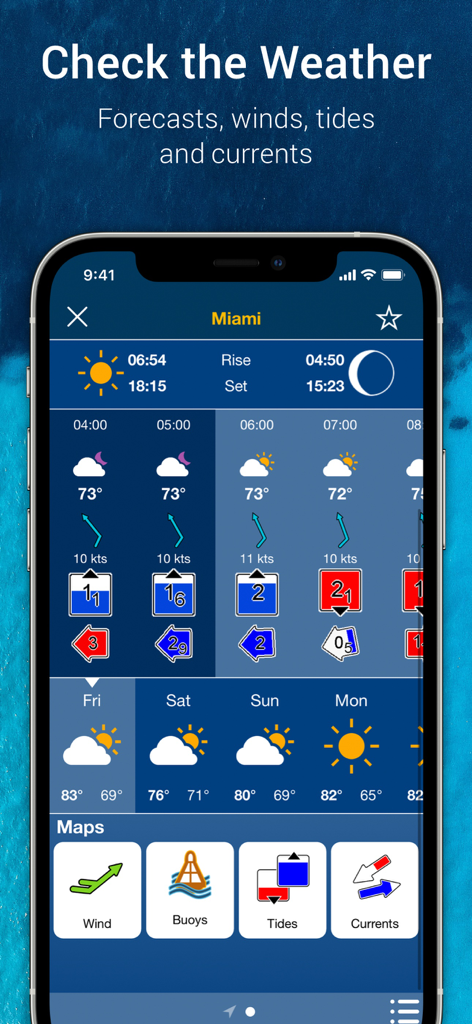 Navionics® Boating - Pronóstico meteorológico detallado incluyendo vientos, mareas y corrientes para Miami en la app Navionics Boating