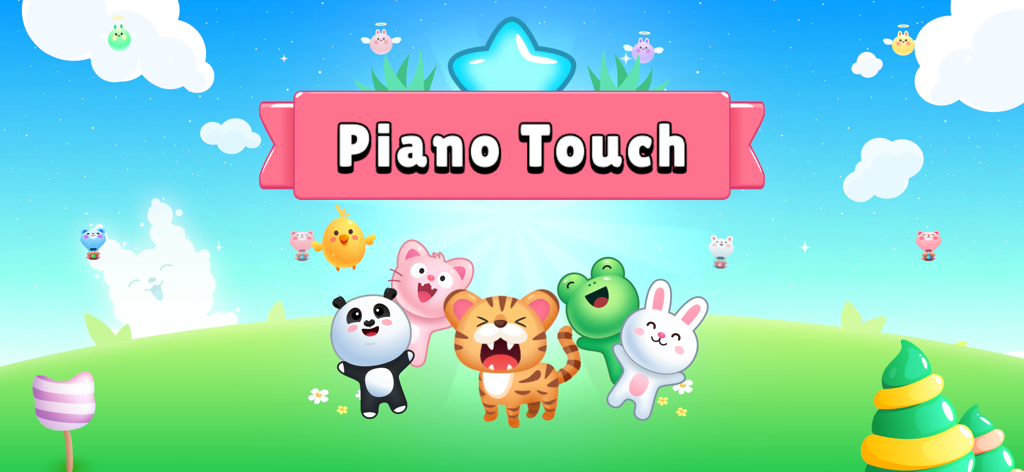 PianoTouch app home screen featuring colorful cartoon animals on a green hill