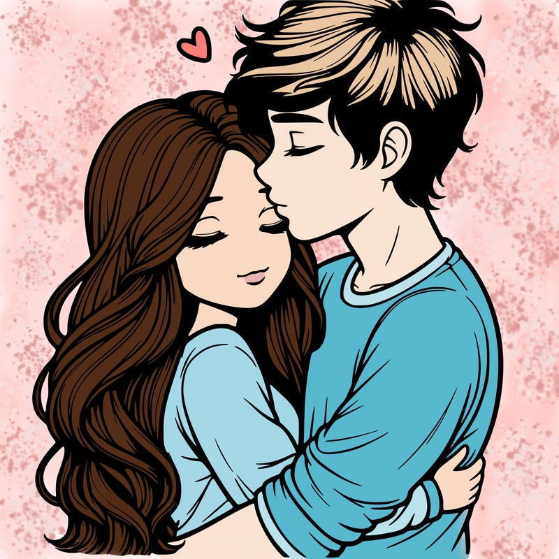 a realistic couple boy and girl hugging and kissing
