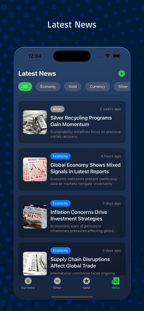 Application Asaar AI Plus montrant les derniers articles d'actualités financières sur l'argent et l'économie mondiale dans un thème sombre