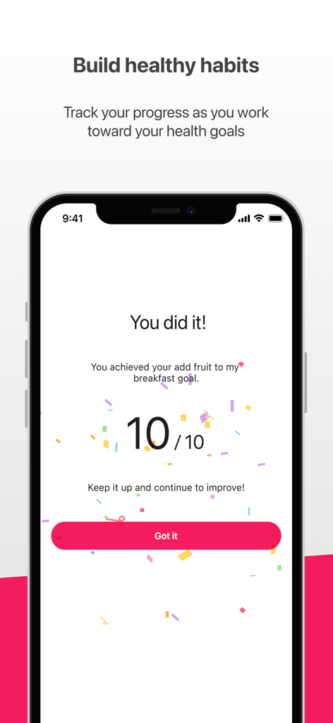 Achievement screen in the Power of Vitality app showing a completed health goal with celebratory confetti