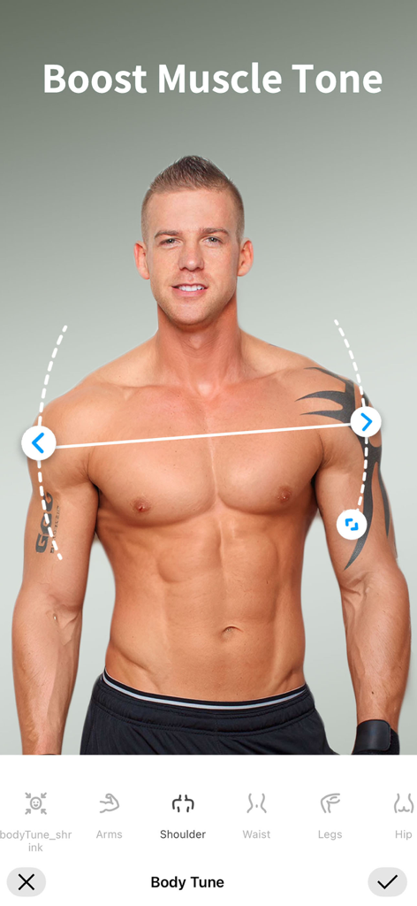 BodyApp- Best Body Editor - BodyApp interface showing muscle tone enhancement on a mans shoulders