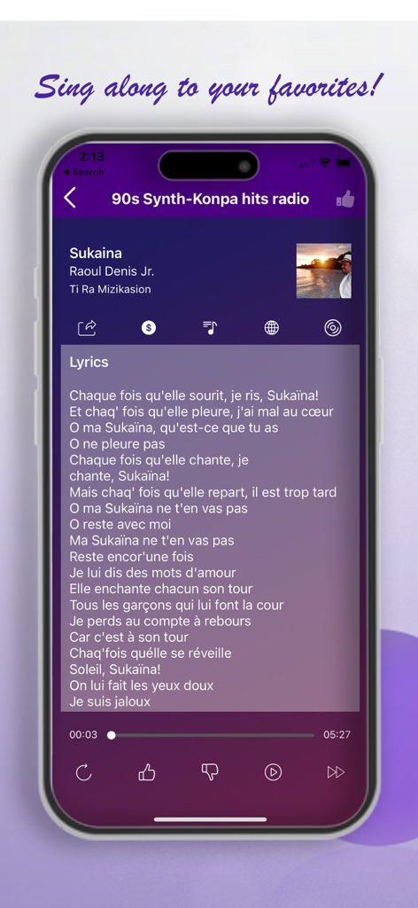 Uno schermo di smartphone che mostra l'app Mizikpam che riproduce una canzone haitiana con i testi visualizzati.