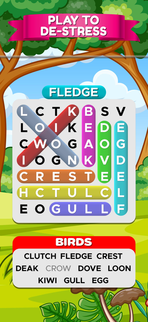 Word Search Games: Wordscapes - Um quebra-cabeça de caça-palavras com tema de pássaros e palavras destacadas em um fundo de floresta relaxante.