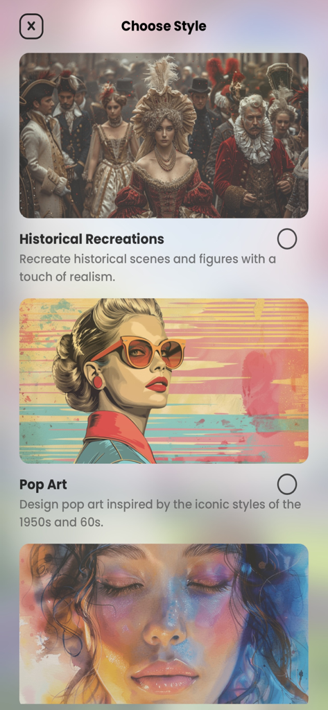 Aura AI - Art generator - Interface of Aura AI app showing different artistic style options like Historical Recreations and Pop Art