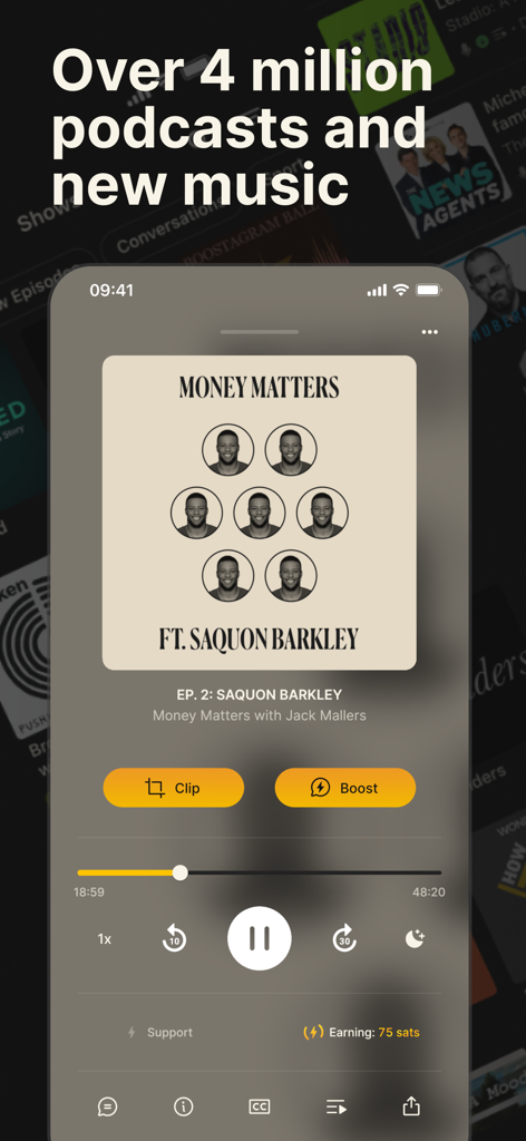 Fountain: Podcast Player - Interfaz del reproductor de podcasts Fountain mostrando la reproducción de un episodio con botones de clip y boost y recompensas ganadas en sats