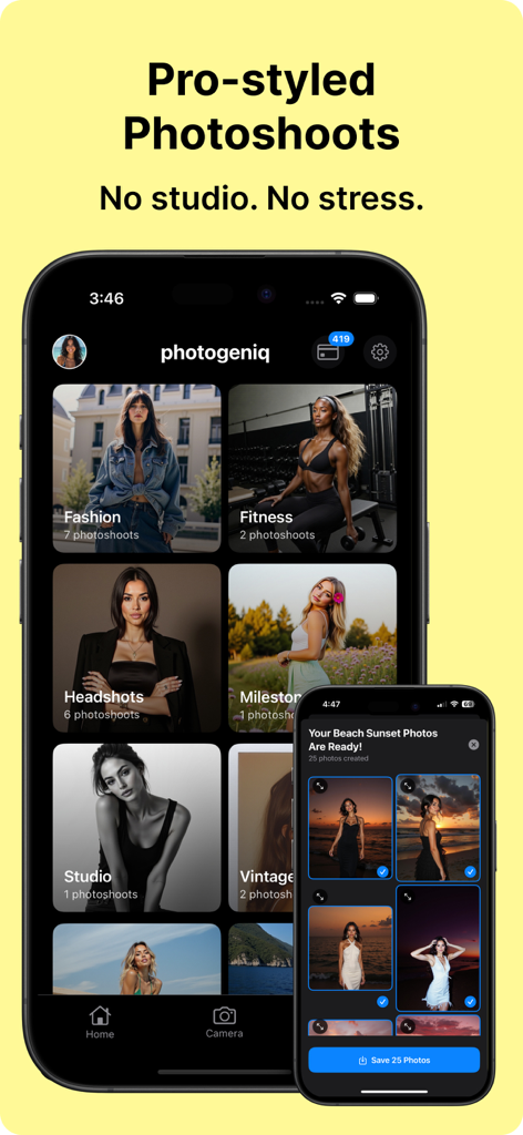 Photogeniq: AI Photo Generator - Photogeniq app interface showing AI photoshoot categories like Fashion and Headshots with generated beach sunset photos
