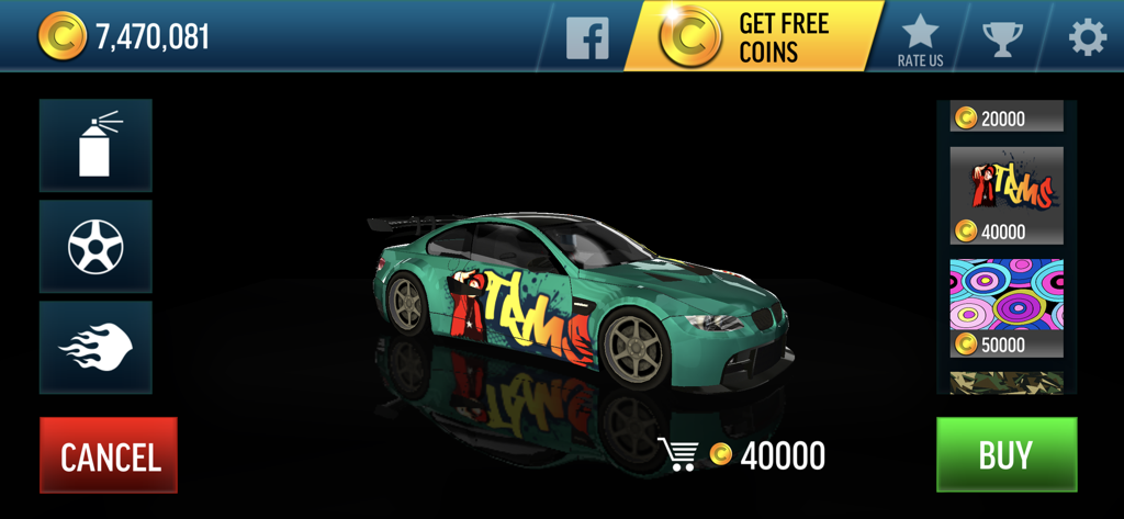 Pantalla de personalización de coches en Drift Max con un coche de carreras verde con calcomanías de graffiti
