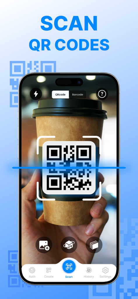 Scan QR Code - Barcode Reader - Tela de smartphone digitalizando um código QR em uma xícara de café usando a interface do aplicativo
